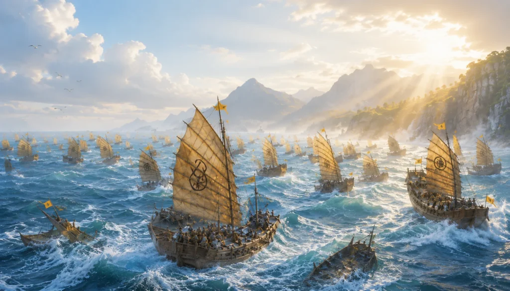 Ilustração da gigantesca frota mongol enfrentando um violento tufão durante a tentativa de invasão do Japão em 1281, episódio que deu origem ao termo "kamikaze".