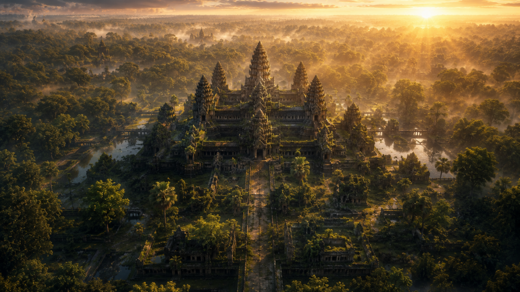 Vista simbólica da antiga cidade de Angkor parcialmente encoberta pela floresta tropical, representando uma civilização redescoberta pela arqueologia.