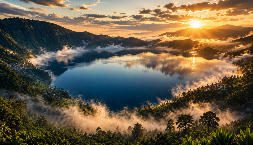 Lago Nyos, em Camarões, local da rara erupção límnica que liberou uma enorme nuvem de dióxido de carbono em 1986.