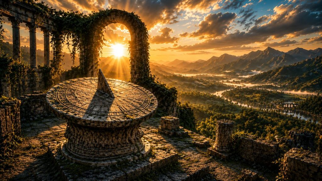 Relógio de sol em ruínas antigas iluminado pelo nascer do sol diante de um amplo vale montanhoso, simbolizando a dualidade entre Cronos, o tempo cronológico, e Kairos, o tempo oportuno e significativo.