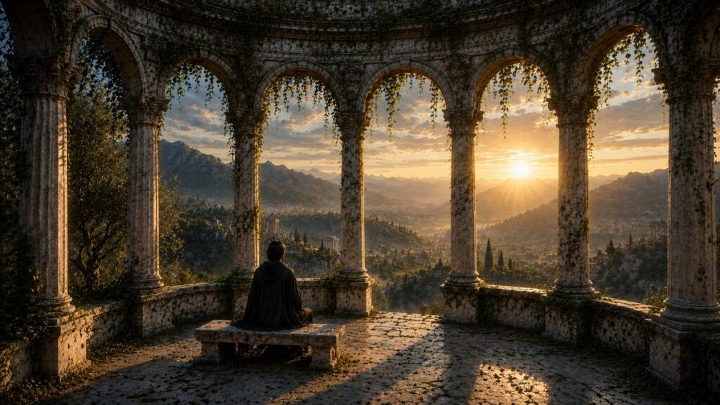 Figura contempla o nascer do sol em um antigo claustro de pedra, simbolizando o silêncio interior e a escuta profunda, tema do Sétimo Passo da série Reflexões do Limiar.