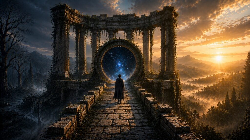 Figura atravessando um portal de pedra entre dois mundos, simbolizando a morte como transformação e passagem.