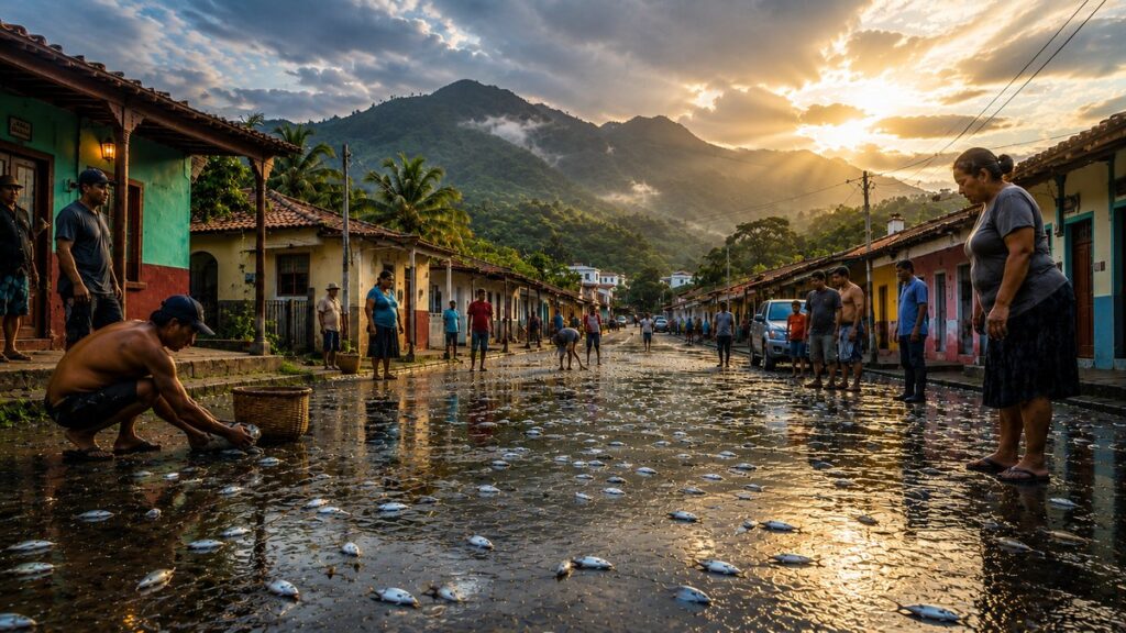 Pequenos peixes espalhados pelas ruas após uma tempestade na cidade de Yoro, Honduras, representando o fenômeno conhecido como chuva de peixes.