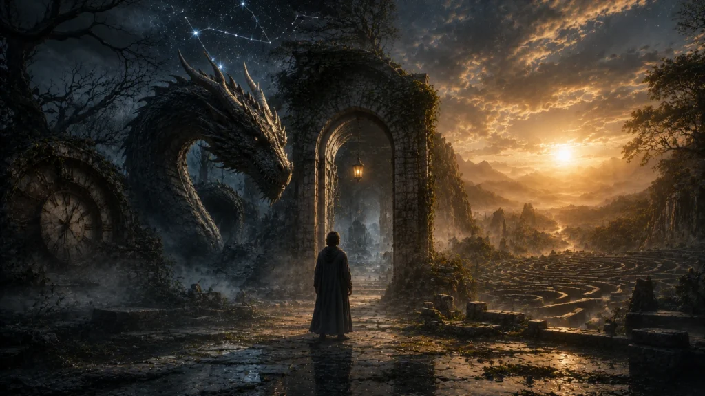 Pessoa diante de uma passagem guardada por um dragão em uma paisagem sombria e dourada, simbolizando o medo e a travessia.